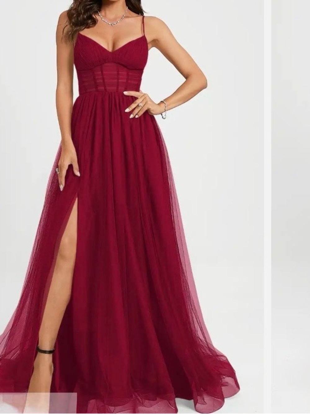 JJs House Burgundy Plus-Size V-Neck Maxi Dress with Thigh Slit